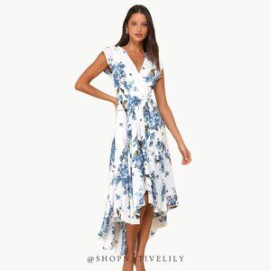 Lulus Women's French Countryside Floral Wrap Dress Sz Medium, White & Blue